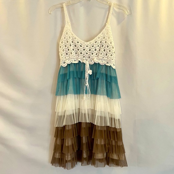 Dresses & Skirts - Babydoll Tiered Mini Dress, Cream/Teal/Brown, Size XL